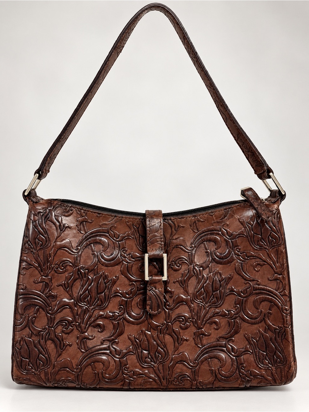 Wilsons Leather Pelle Studio Small Tooled Brown Leather Baguette Floral Y2K